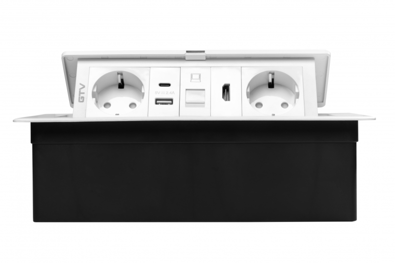 Gniazdo meblowe MULTISOFT, 2xSCHUKO, USB A+C, RJ45, HDMI, kabel 1,5 m, białe