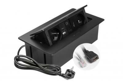 Gniazdo meblowe MULTISOFT, 2xSHUKO, USB A+C, RJ45, kabel HDMI 1,5 m, czarny