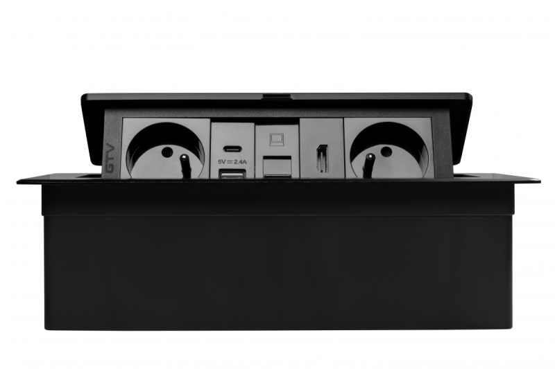 Gniazdo meblowe MULTISOFT, 2xSHUKO, USB A+C, RJ45, kabel HDMI 1,5 m, czarny