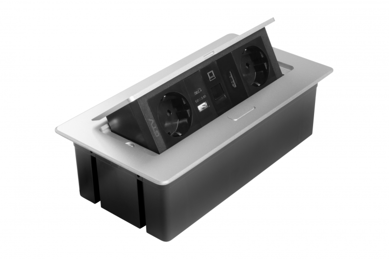 Gniazdo meblowe MULTISOFT, 2xSCHUKO, USB A+C, RJ45, kabel HDMI 1,5 m, aluminium