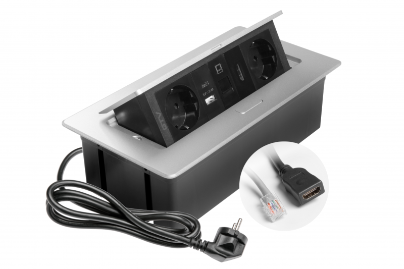 Gniazdo meblowe MULTISOFT, 2xSCHUKO, USB A+C, RJ45, kabel HDMI 1,5 m, aluminium