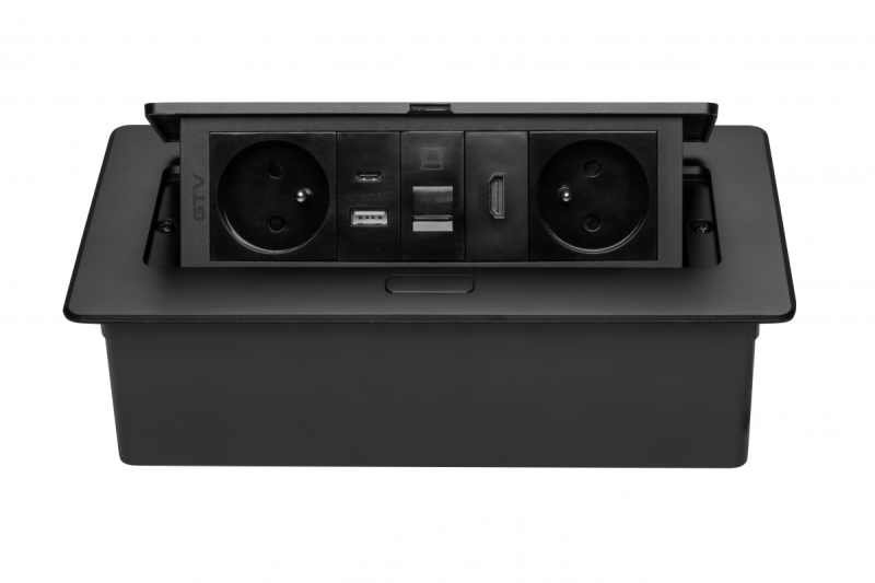 Gniazdo meblowe MULTISOFT 2x Gniazdo z Uziemieniem, USB A+C, RJ45, HDMI, Kabel Zasilający z Wtyczką, Czarny