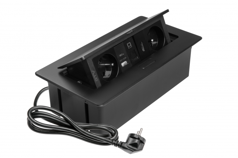 Gniazdo meblowe MULTISOFT 2x Gniazdo z Uziemieniem, USB A+C, RJ45, HDMI, Kabel Zasilający z Wtyczką, Czarny