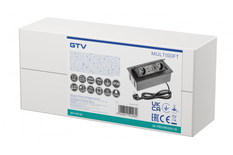 Gniazdo meblowe MULTISOFT 2x Gniazdo z Uziemieniem, USB A+C, RJ45, HDMI, Kabel Zasilający z Wtyczką, Czarny