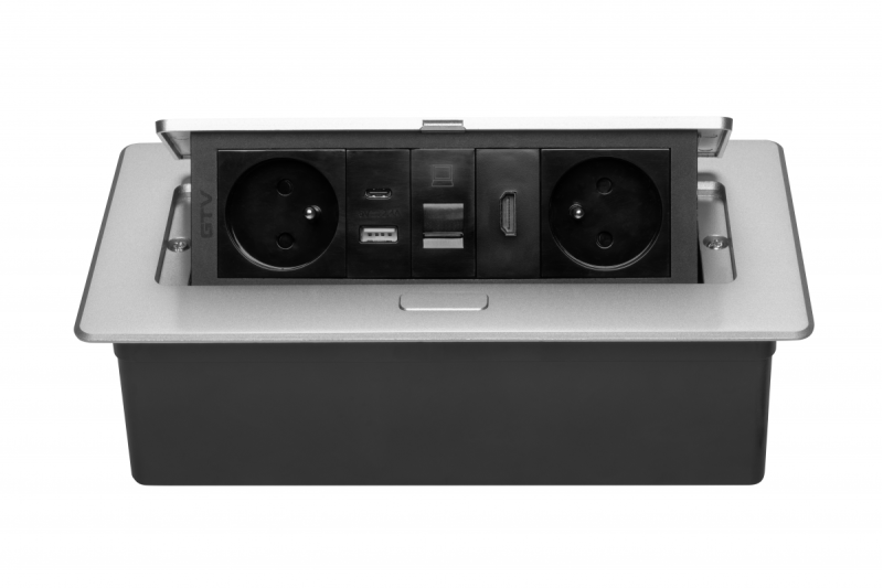 Gniazdo meblowe MULTISOFT 2x Gniazdo z uziemieniem, USB A+C, RJ45, HDMI, Kabel zasilający z wtyczką, Aluminium