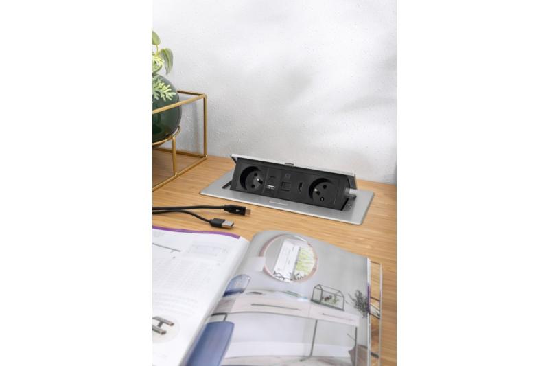 Gniazdo meblowe MULTISOFT 2x Gniazdo z uziemieniem, USB A+C, RJ45, HDMI, Kabel zasilający z wtyczką, Aluminium