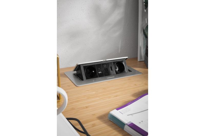 Gniazdo meblowe MULTISOFT 2x Gniazdo z uziemieniem, USB A+C, RJ45, HDMI, Kabel zasilający z wtyczką, Aluminium