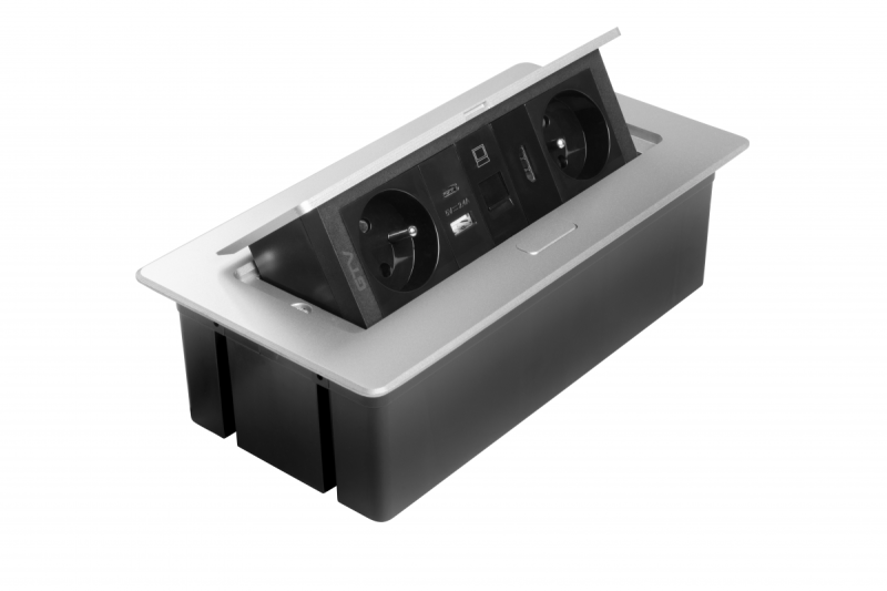 Gniazdo meblowe MULTISOFT 2x Gniazdo z uziemieniem, USB A+C, RJ45, HDMI, Kabel zasilający z wtyczką, Aluminium