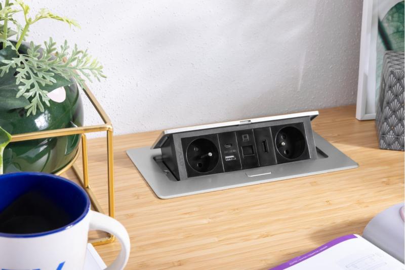 Gniazdo meblowe MULTISOFT 2x Gniazdo z uziemieniem, USB A+C, RJ45, HDMI, Kabel zasilający z wtyczką, Aluminium