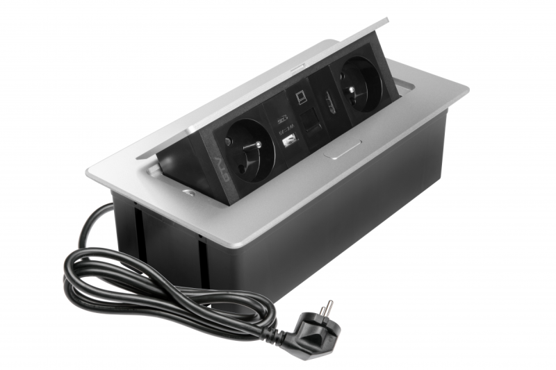 Gniazdo meblowe MULTISOFT 2x Gniazdo z uziemieniem, USB A+C, RJ45, HDMI, Kabel zasilający z wtyczką, Aluminium