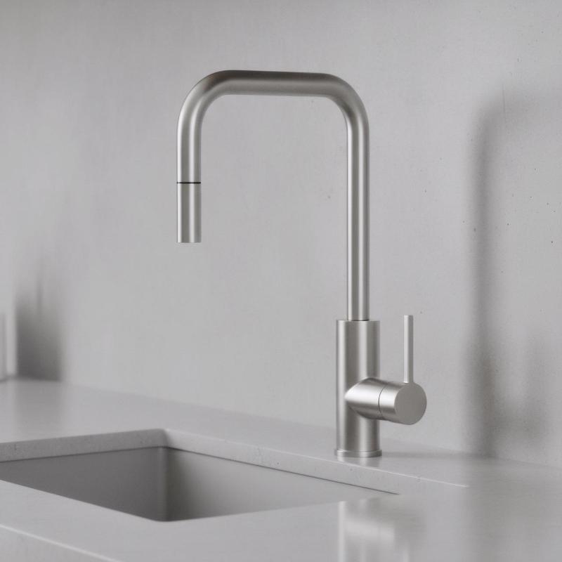 Pure.Sink Luxion bateria kuchenna z litego stali nierdzewnej, kwadratowa, z wyciąganą wylewką PLXSQUA-02