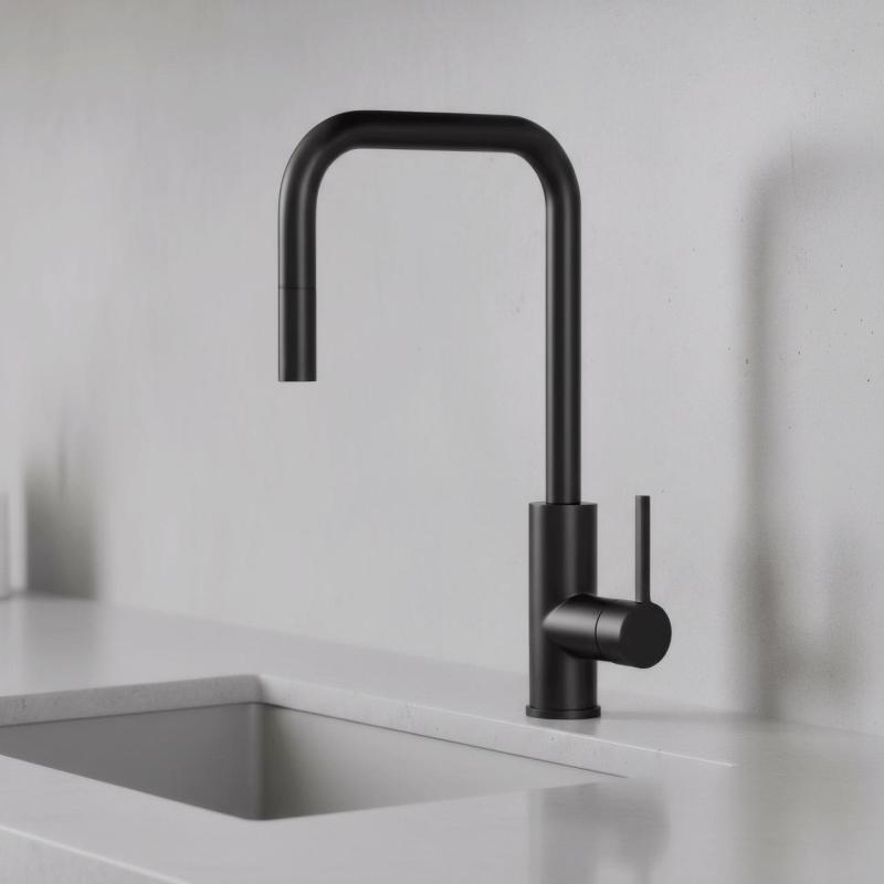Pure.Sink Luxion Mat Czarna bateria kuchenna kwadratowa z wyciąganą wylewką PLXSQUA-10