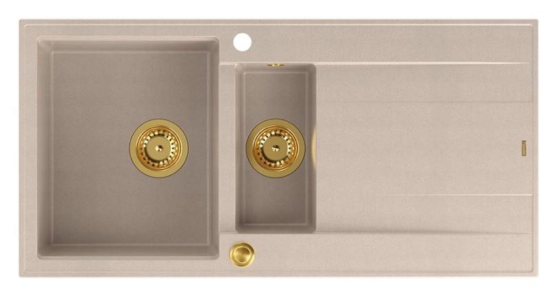Quadri Luton pearl beige granitowy zlew nawierzchniowy 1,5 z ociekaczem, odwracalny 100x50cm ze złotym korkiem 1208971793