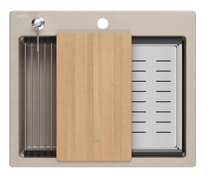 Quadri Durham Pearl Beige granitowy zlew montowany od góry 595x500 z dozownikiem do mydła, deską do krojenia, wkładem do zlewu i matą do rolowania 1208971814