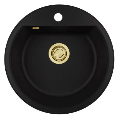 GraniteMy Bremen okrągły granitowy zlewozmywak 43 cm, czarny, do montażu górnego i dolnego, z otworem na kran i złotą zatyczką 1208971841