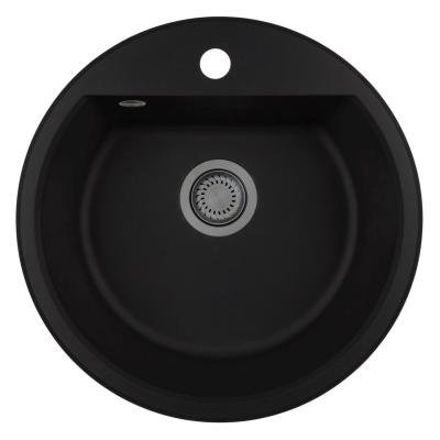 GraniteMy Bremen okrągły granitowy zlew 43 cm czarny, do montażu na wierzchu i na dole, z otworem na kran i automatyczną metalową zatyczką w kolorze ciemnej stali 1208971844
