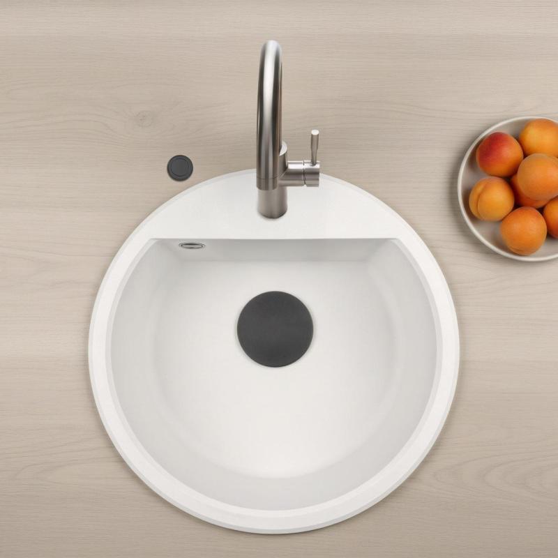 GraniteMy Bremen okrągła granitowa zlewka 43 cm biała, montaż górny i dolny, z otworem na kran i automatyczną czarną zatyczką 1208971846