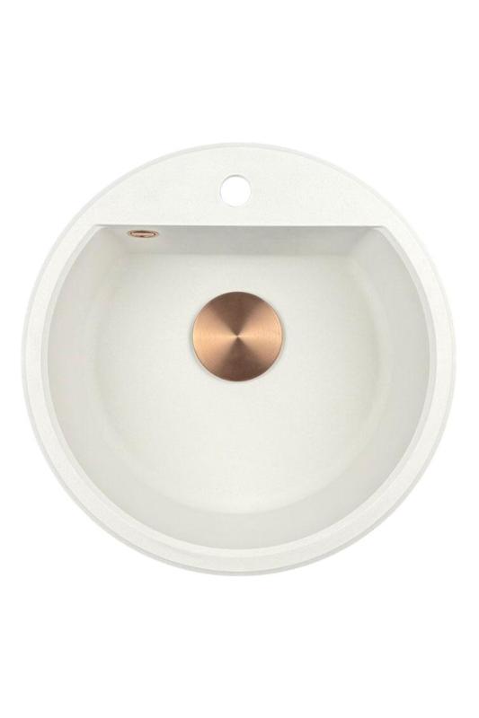GraniteMy Bremen okrągły granitowy zlew 43 cm biały, do montażu na wierzchu i na spodzie, z otworem na kran i automatycznym korkiem miedzianym 1208971847