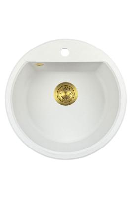 GraniteMy Bremen okrągły granitowy zlew 43 cm biały, do montażu na wierzchu i na dole, z otworem na kran i automatyczną złotą zatyczką 1208971848