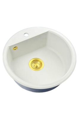 GraniteMy Bremen okrągły granitowy zlew 43 cm biały, do montażu na wierzchu i na dole, z otworem na kran i automatyczną złotą zatyczką 1208971848