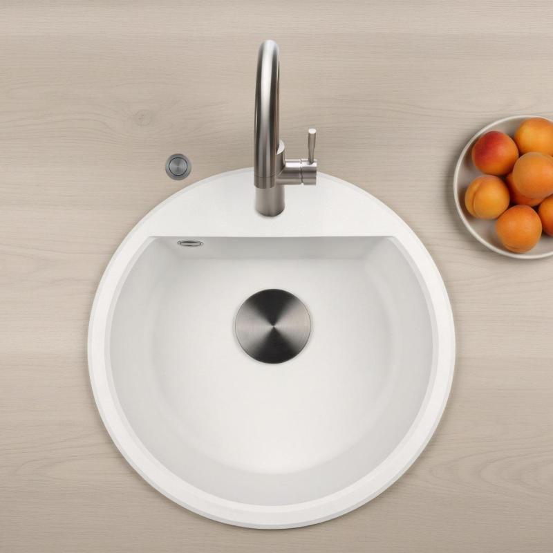 GraniteMy Bremen okrągły granitowy zlew o średnicy 43 cm, biały, do montażu na wierzchu i od spodu, z otworem na kran i automatycznym korkiem w kolorze metalu brązowego 1208971849