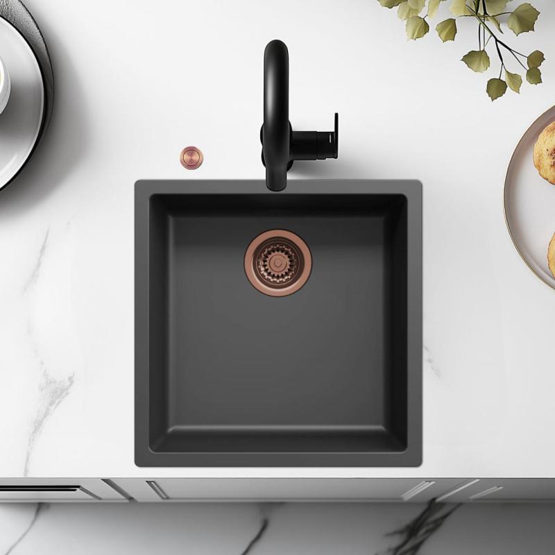 Ausmann Fibre czarny zlew 40x40cm do montażu pod, na i równo z blatem z automatyczną miedzianą zatyczką 1208971852