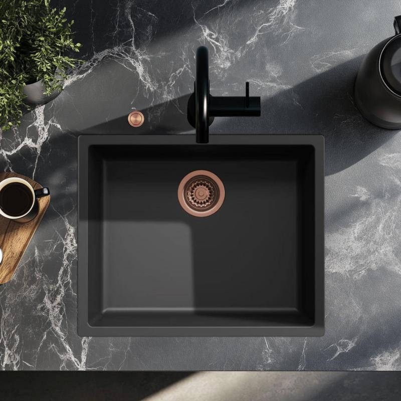 Ausmann Fibre czarny zlew 50x40cm do montażu podblatowego, nablatowego i płaskiego z automatyczną miedzianą zatyczką 1208971858