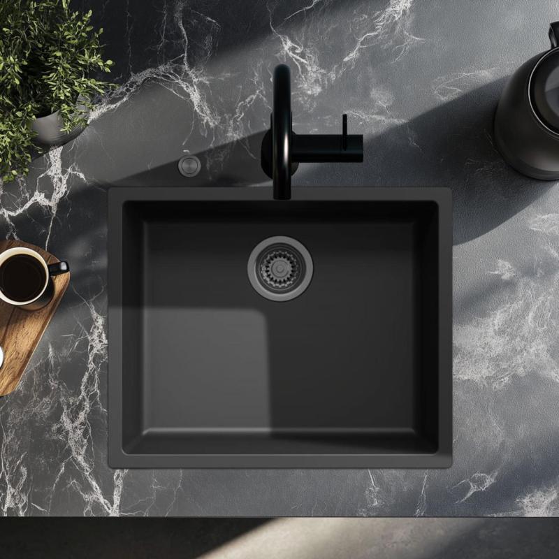 Ausmann Fibre czarny zlew 50x40cm do montażu podblatowego, nablatowego i płaskiego z automatycznym korkiem w kolorze gun metal 1208971860