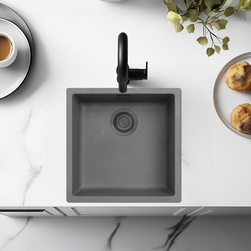 Ausmann Fibre betonowy szary zlew 40x40cm podbudowa, nadbudowa i montaż płaski z metalową zatyczką w kolorze gun metal 1208971882