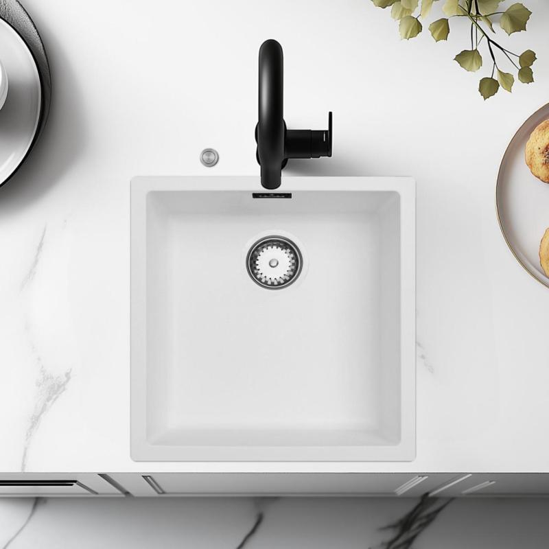 Ausmann Fibre biały zlewozmywak 40x40cm do montażu podblatowego, nadblatowego i równego z automatyczną stalową korkiem 1208971891