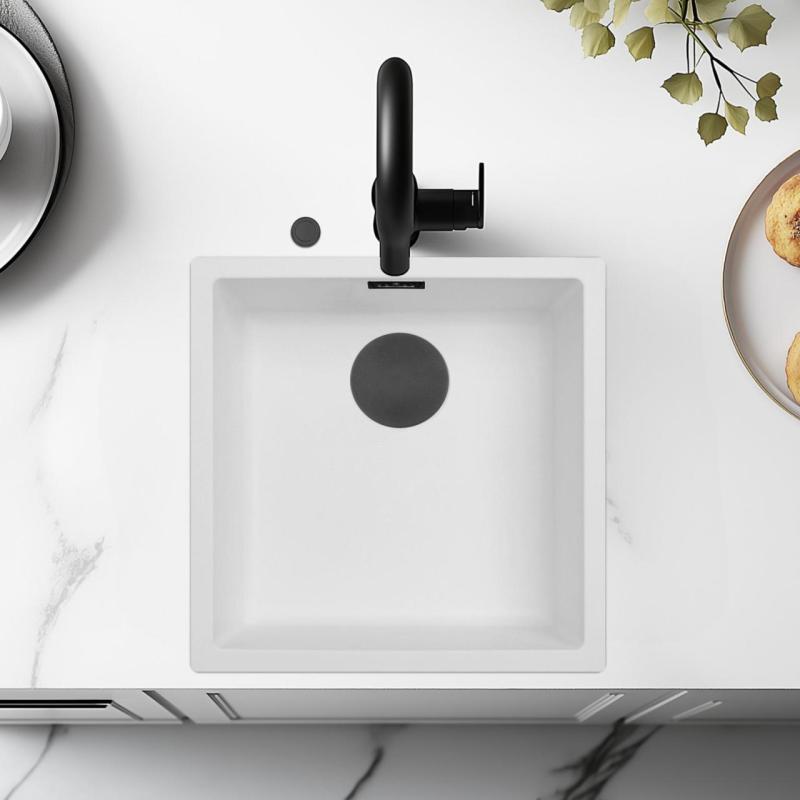 Ausmann Fibre biała zlewka 40x40cm podszafkowa, nadstawna i wpuszczana z automatyczną czarną wtyczką 1208971892