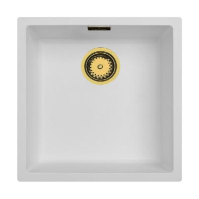 Ausmann Fibre biały zlew 40x40cm podblatowy, wpuszczany i montowany na płasko z automatyczną złotą zatyczką 1208971894