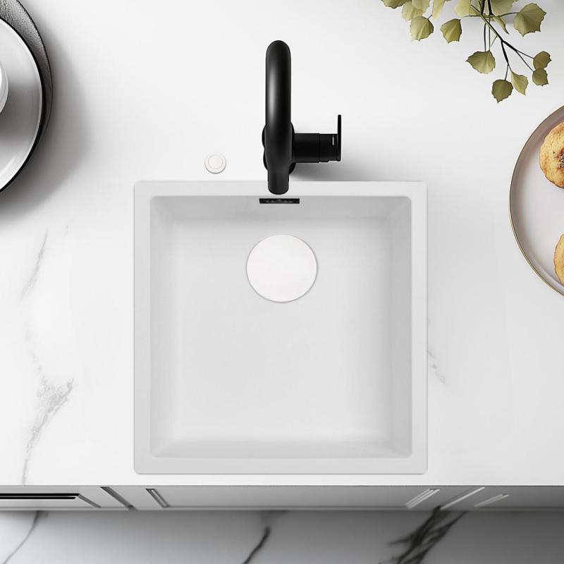 Ausmann Fibre biały zlew 40x40cm do montażu pod, na i w poziomie blatów z automatyczną białą zatyczką 1208971896