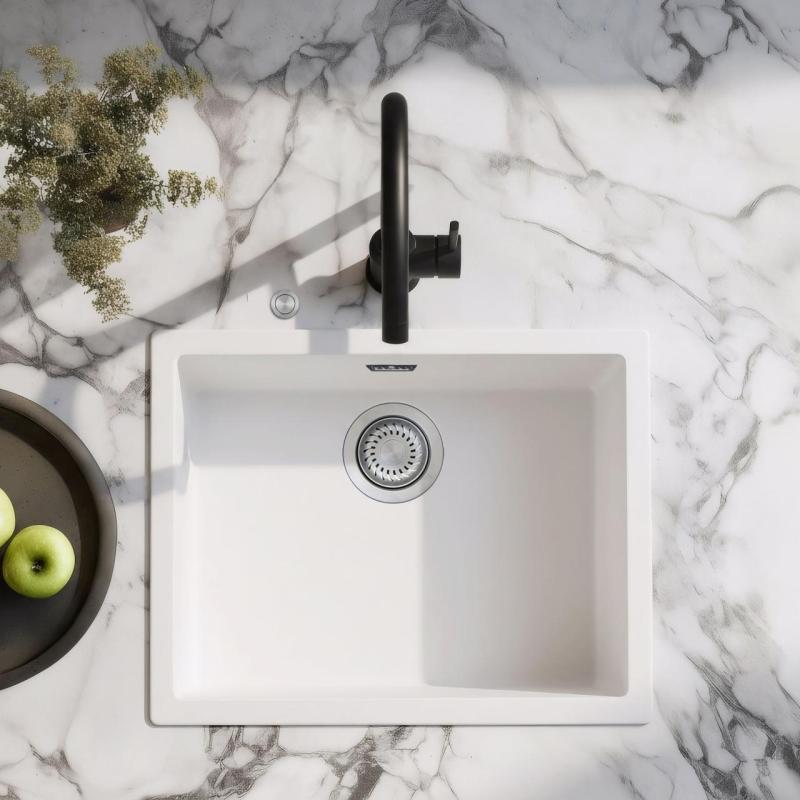 Ausmann Fibre biały zlew 50x40cm podbudowa, nadbudowa i montaż równoległy z automatyczną stalową wtyczką nierdzewną 1208971898