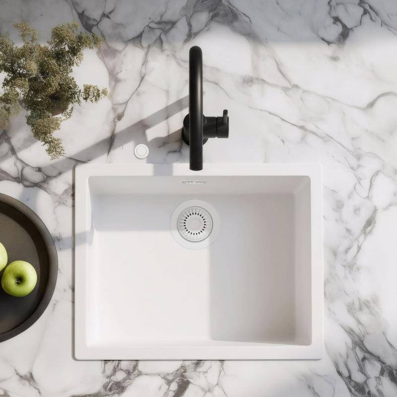 Ausmann Fibre biały zlew 50x40cm do zabudowy, montażu i montażu płaskiego z automatyczną białą wtyczką 1208971903