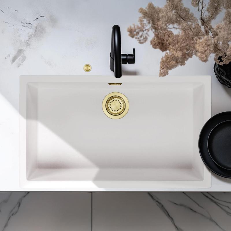 Ausmann Fibre biały duży zlew 70x40cm podbudowa, zabudowa i montaż płaski z automatycznym złotym korkiem 1208971907