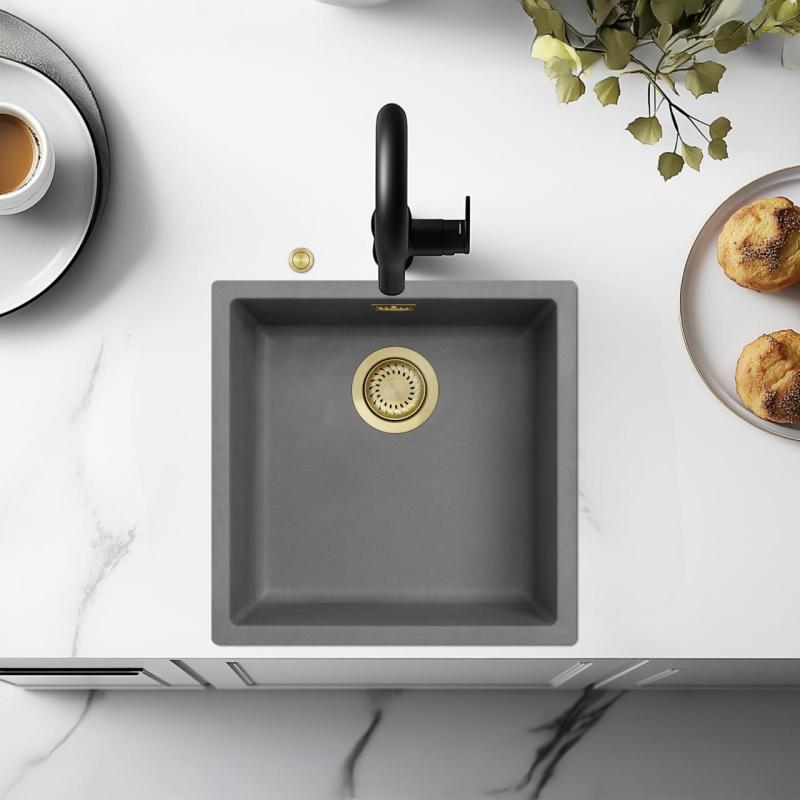 Ausmann Fibre betonowy szary zlew 40x40cm podbudowa, nadbudowa i montaż płaski z automatycznym złotym korkiem 1208971913