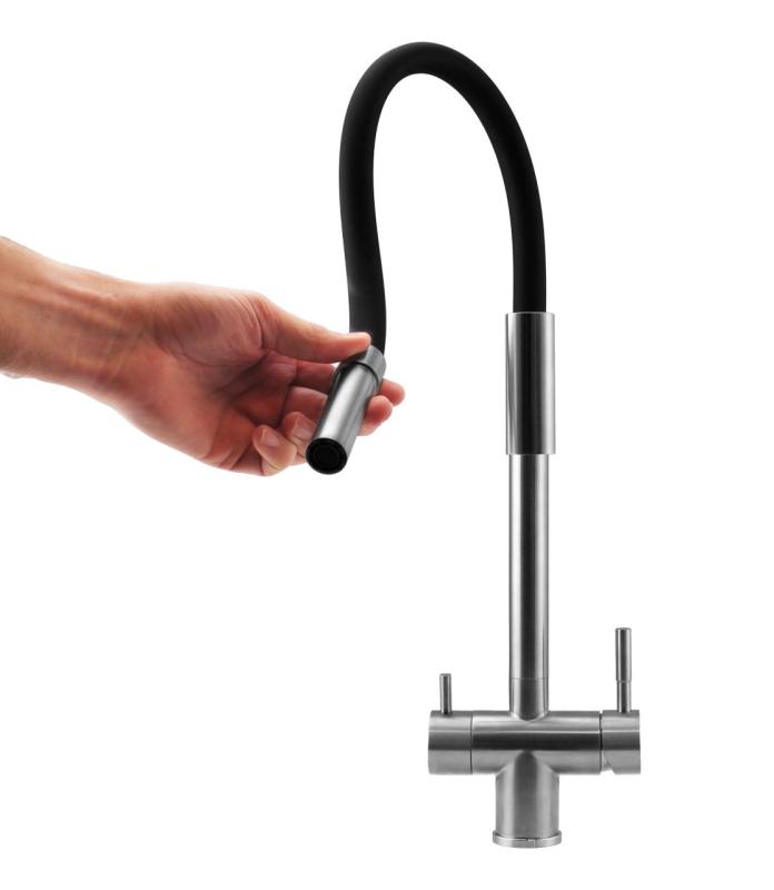 Pure.Sink Elite Steel Flex 3-drożny stalowy kran kuchenny z elastycznym wylewem i filtrowaną wodą PS8110-02