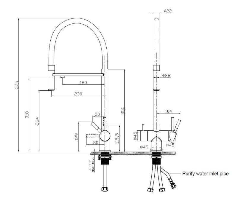 Pure.Sink Elite Steel Flex 3-drożny PVD miedziany kran kuchenny z elastycznym wylewem i filtrowaną wodą PS8110-62