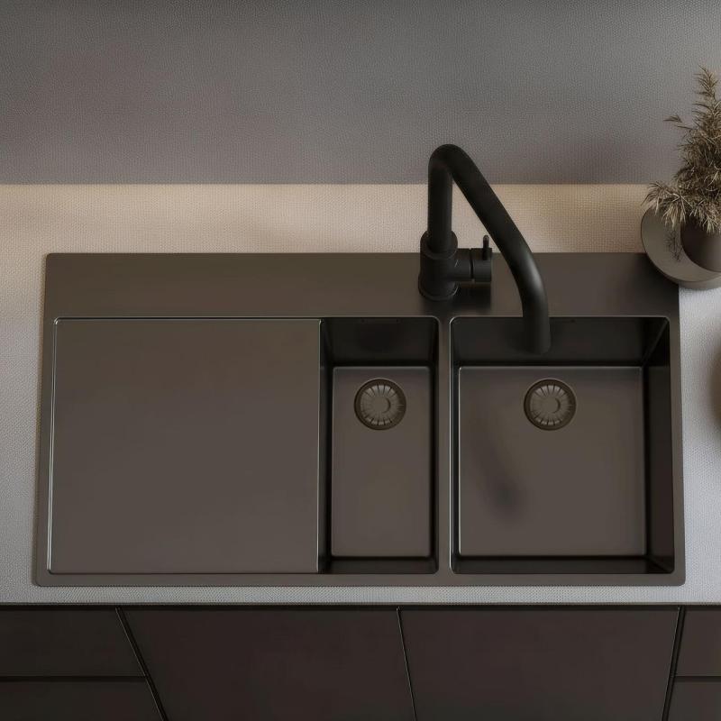 Pure.Sink Exclusivo Zlewozmywak Gun metal 1,5  z ociekaczem 100x52 cm Bateria Tapwing prawa PEX3418100RT-61