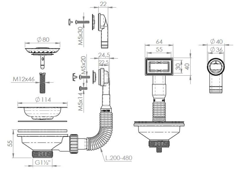 Pure.Sink Universal Zestaw korków do kosza ze szczotkowanego stali nierdzewnej, zestaw odpływowy do zlewu wraz z przelewem okrągłym i prostokątnym WSTMAN-02