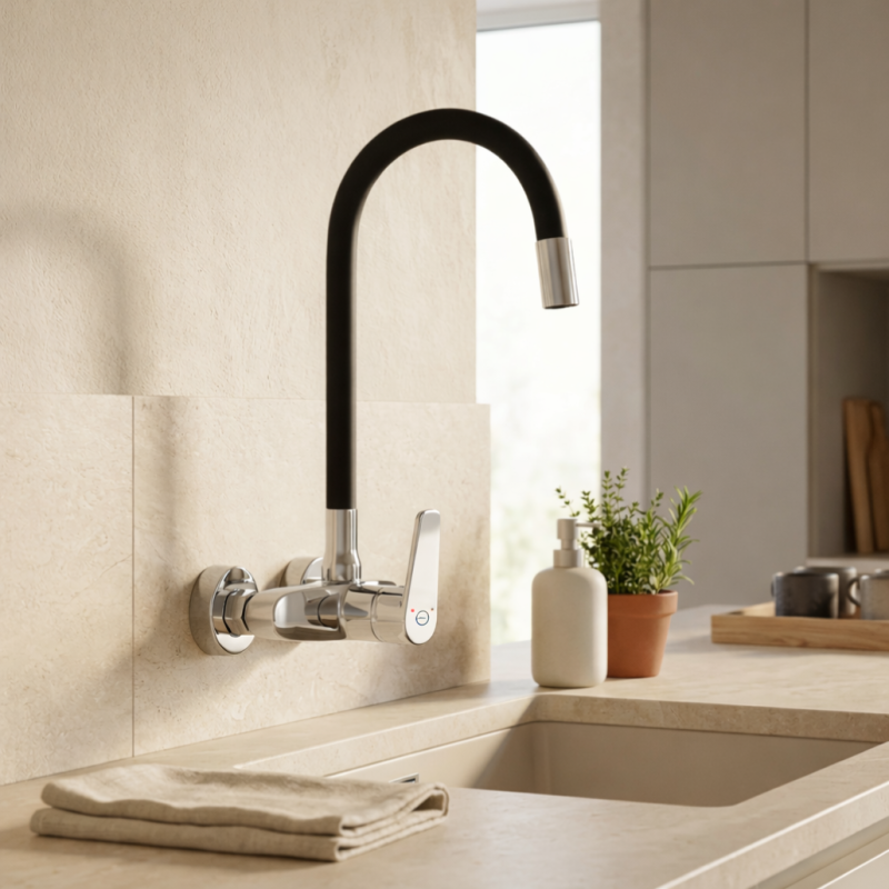 Aquanello Casa Bateria kuchenna ścienna chromowana z wysoką elastyczną wylewką CR-1301-CS