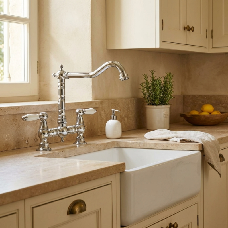 Aquanello Heritage Manor Klasyczna kuchnia Nostalgiczny most Bateria kuchenna Chrom z białą rączką CR-0010-HM