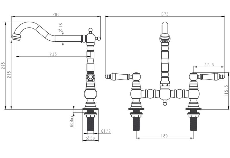 Aquanello Heritage Manor Klasyczna bateria kuchenna w stylu retro z mostkiem, ze stali nierdzewnej z białą rączką NB-0010-HM