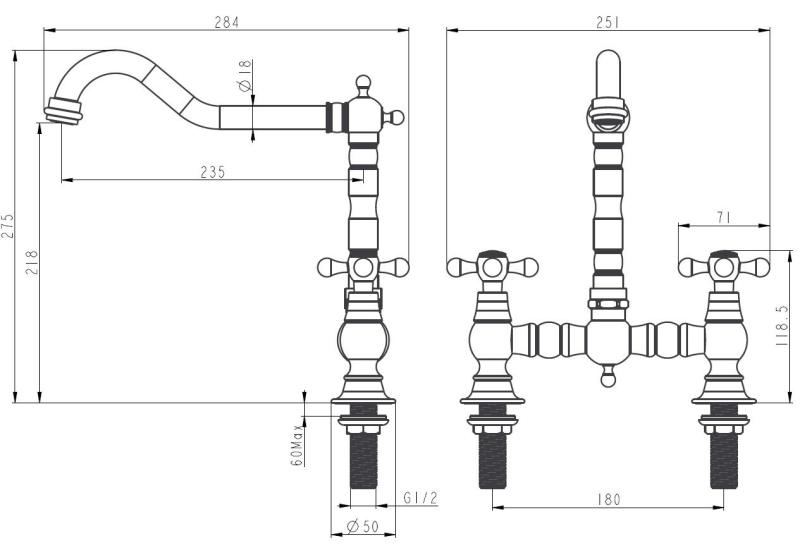 Aquanello Heritage Ascot Klasyczna bateria kuchenna w stylu retro z uchwytami krzyżowymi, chromowana, model CR-4001-HA