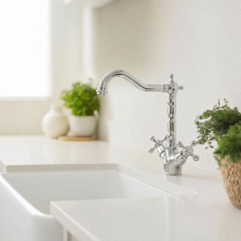 Aquanello Heritage Ascot Klasyczna bateria kuchenna w stylu retro, chromowana, z kątową wylewką CR-4002-HA