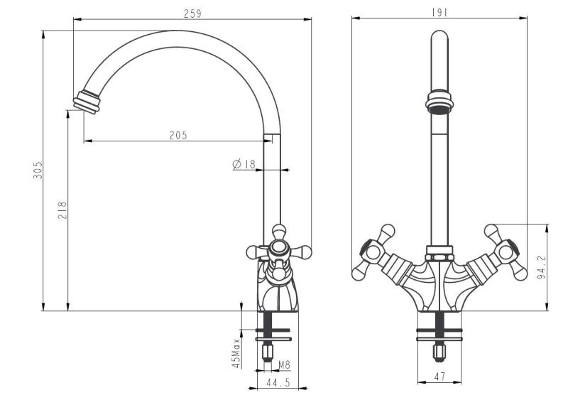 Aquanello Heritage Ascot Klasyczna bateria kuchenna w stylu retro ze stali nierdzewnej z okrągłą wylewką NB-4003-HA
