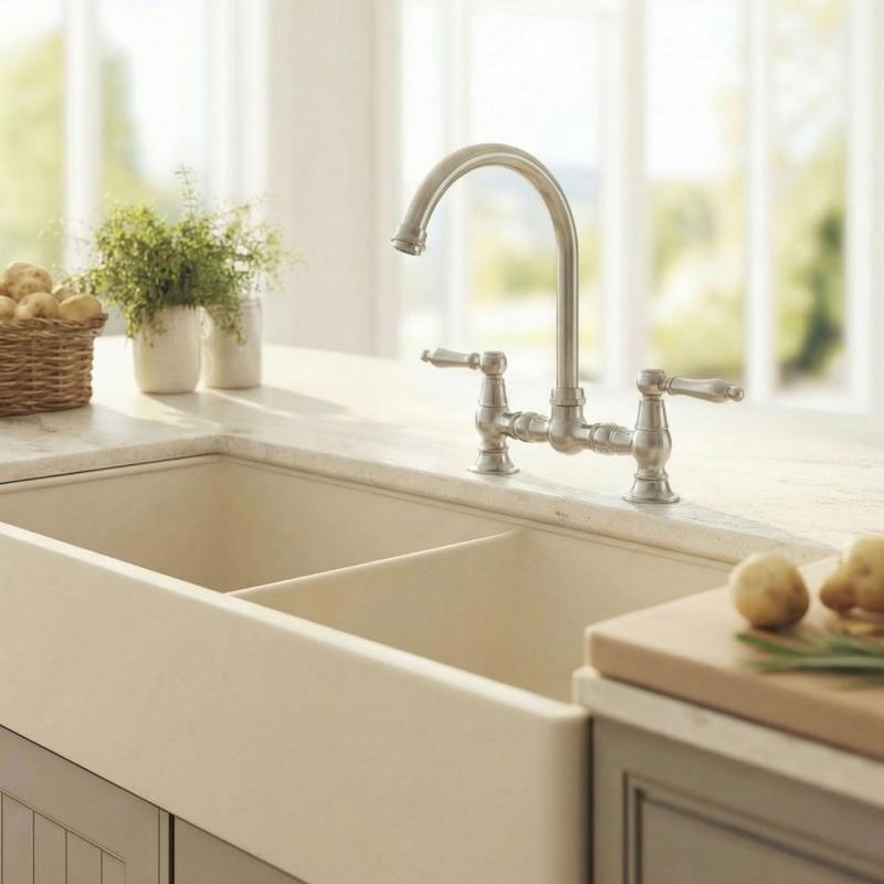 Aquanello Heritage Manor Klasyczna bateria kuchenna w stylu retro z mostkiem, chromowana, z białą rączką i okrągłą wylewką CR-0011-HM