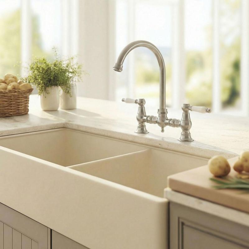 Aquanello Heritage Manor Klasyczna kuchnia Nostalgiczny most Bateria kuchenna ze stali nierdzewnej z białą rączką i okrągłą wylewką NB-0011-HM