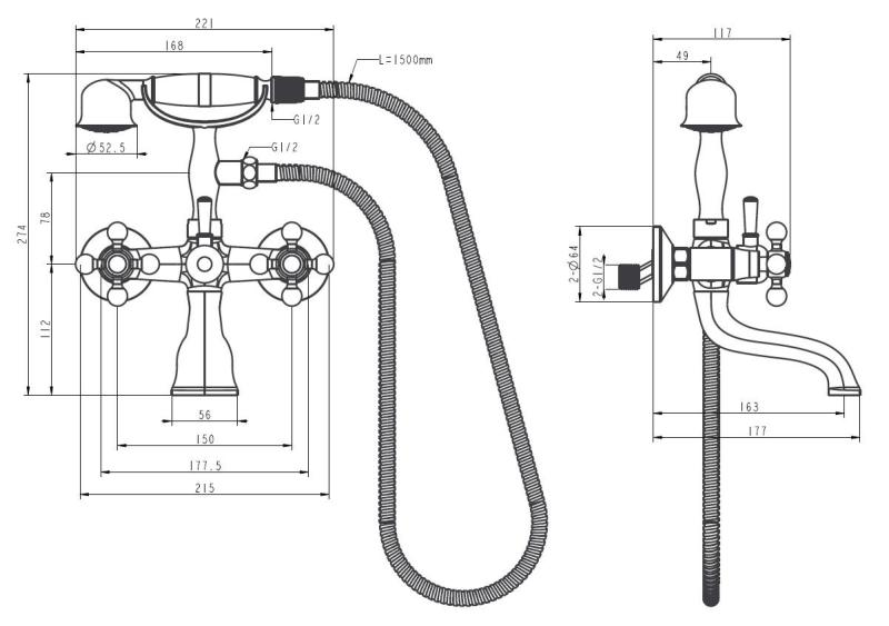 Aquanello Heritage Ascot Klasyczna bateria wannowa z pokrętłami w kolorze brązu, z ręczną słuchawką BN-3002-HA